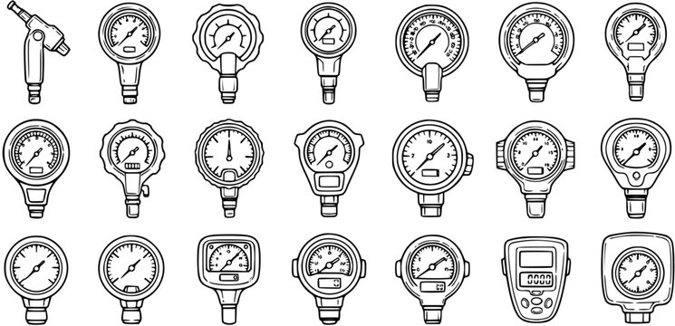 Automotive and Diving Pressure Gauges Vector Line Art Icons Set. Hand-drawn collection of tire and underwater measurement devices and tools.