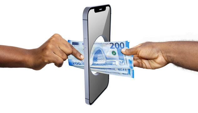 Hands passing 200 Azerbaijani Manat banknotes through a smartphone screen. A 3D conceptual render representing mobile money, digital payments, and fintech innovation in the Azerbaijan economy.