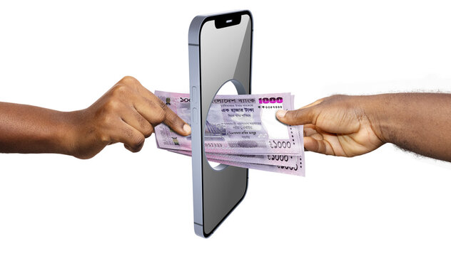 Hands passing 1000 Bangladesh Taka banknotes through a smartphone screen. A 3D conceptual render representing mobile money, digital payments, and fintech innovation in the Bangladesh economy.