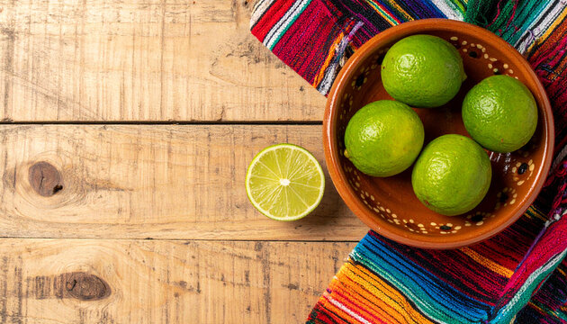 Woven textile with fresh lime and terracotta bowl for Cinco de Mayo celebration