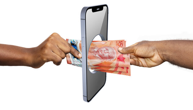 A smartphone acts as a portal for a cash transfer between two people. They pass orange Barbados $50 bills through the screen, symbolizing digital payments, mobile banking, and fintech innovation.