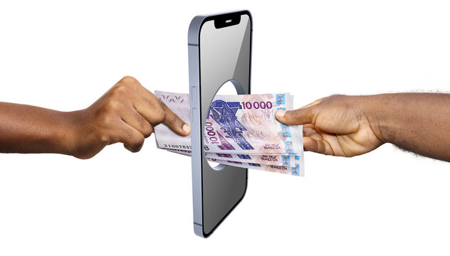 Two hands transfer a 10,000 West African CFA franc bill through a smartphone screen. This creative visual represents fintech, mobile banking, and digital remittances in the UEMOA region.