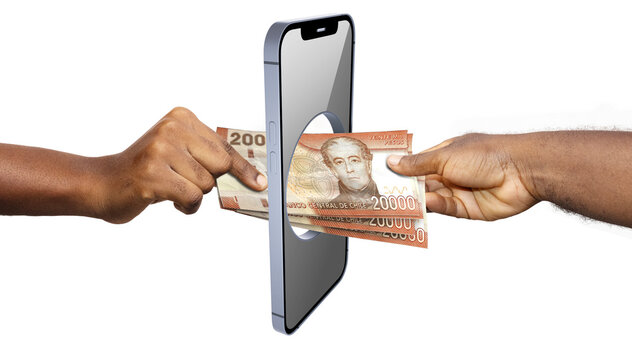 A creative concept showing a digital money transfer where physical Chilean 20,000 Peso bills are passed through a hole in a smartphone screen between two people, representing mobile payments.