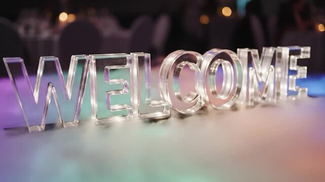 Elegant clear acrylic welcome sign illuminated with colorful glowing lights at an evening wedding reception event