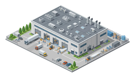 Obraz premium Isometric illustration of a modern industrial manufacturing factory building with logistics, delivery trucks, loading docks, and workers actively moving goods for efficient supply chain operations
