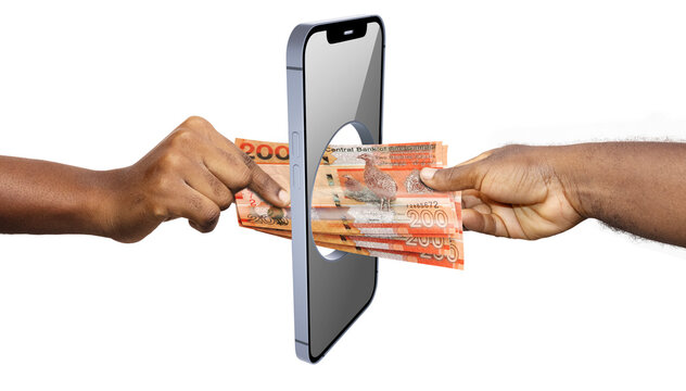 Hands exchange Gambian 200 Dalasi notes through a smartphone screen portal. A creative concept for West African fintech, mobile money, digital banking transfers, and modern currency exchange.
