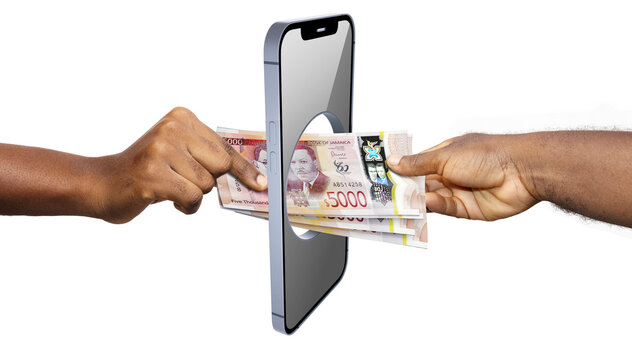 Hands transfer Jamaican 5,000 Dollar banknotes through a smartphone, symbolizing the shift from physical cash to digital e-wallets, mobile banking, and modern fintech solutions in Jamaica.