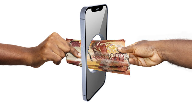 A 3D concept showing a 1,000 Kenyan Shilling note passing through a mobile phone. It represents Kenya's fintech innovation, mobile money transfers, and the shift toward a cashless, digital society.