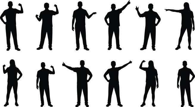 Human silhouette collection artwork, diverse body gesture illustration, black vector design, standing people graphic art, dynamic pose image for education