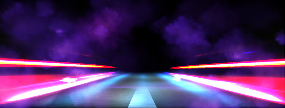 Abstract light speed effects along road perspective. Vector realistic illustration of neon red streaks and smoke on black background, night highway traffic movement, car race motion on dark backdrop