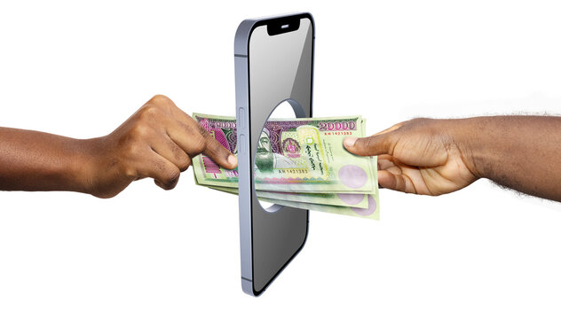 A creative depiction of mobile banking in Mongolia. Hands transfer a stack of 20,000 T&ouml;gr&ouml;g banknotes, featuring Chinggis Khaan, through a hole in a smartphone to represent digital remittance.
