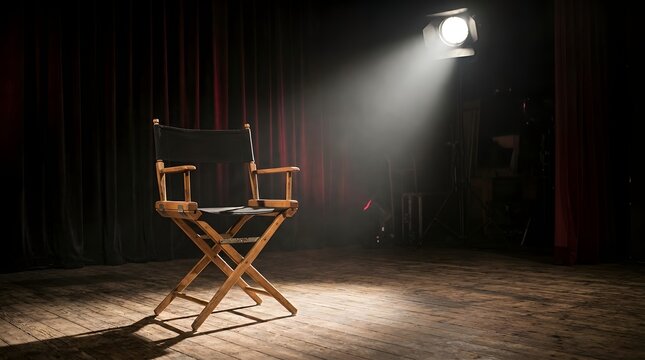 Director chair on stage under spotlight filmmaking cinema production acting career theater performance and creative industry concept dramatic scene