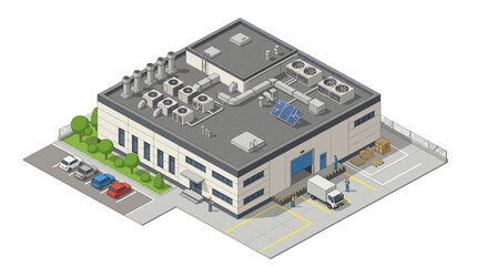 Obraz premium Detailed isometric view of a modern industrial facility, showcasing a warehouse, factory, and distribution center with loading docks, parked vehicles, and efficient logistics operations