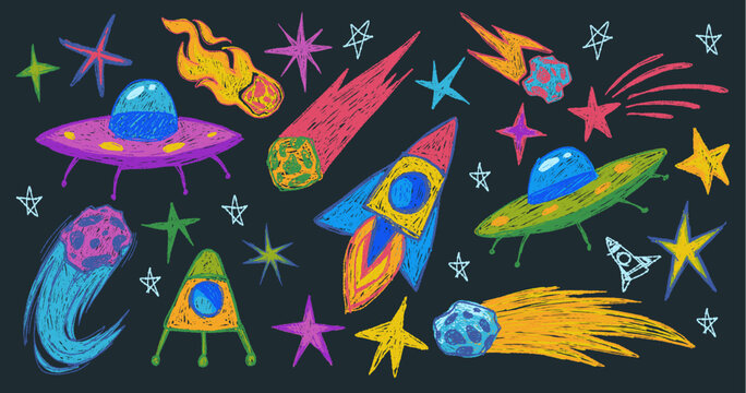 Hand drawn space doodles with crayon texture, cartoon vector illustration isolated on black background. Shooting comets, stars, alien rockets for kids' cosmic projects and cute universe design