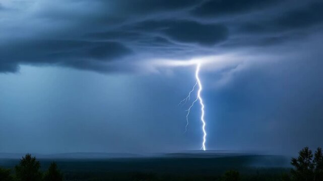 Single blue lightning bolt striking through a dark stormy sky