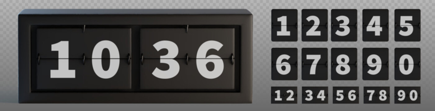Mechanical flip clock display with countdown numbers and timer digits, realistic vector illustration isolated on transparent background. Black retro scoreboard panel showing time, classic style font