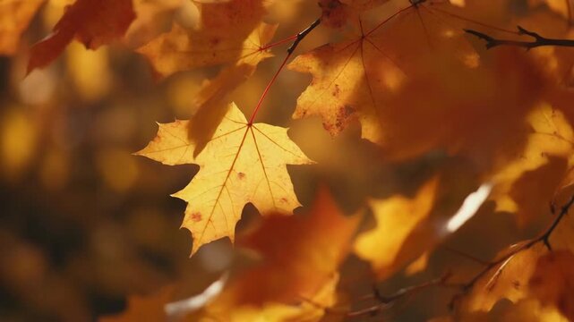 Closeup of a bright yellow maple leaf in autumn sunlight. 4k Footage Video