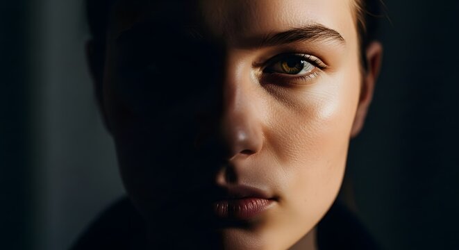 Close Up Portrait of Young Woman Half in Shadow