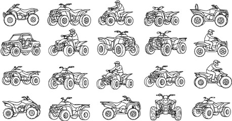 Automotive Off-Road Recreation: Black and White Line Art Collection of All-Terrain Vehicle (ATV) and Quad Bike Icons, some with Riders © victoria