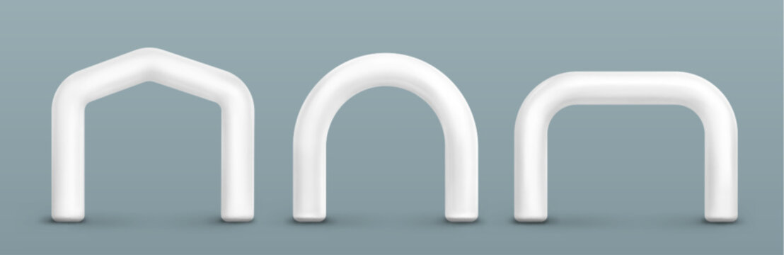 3D set of inflatable gates for marathon start and finish lines. Vector realistic illustration of white archway mockups for sport events and outdoor festivals, blank space for sponsor branding design