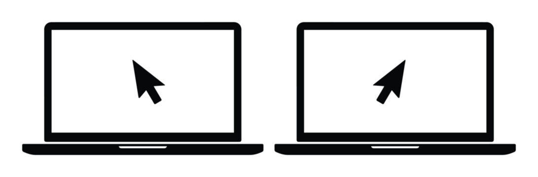 Icono de laptop con cursor de rat&oacute;n, ilustraci&oacute;n vectorial de computadora port&aacute;til minimalista, set de dos ordenadores negros