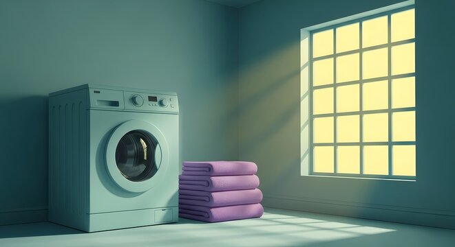 Laundry room with washing machine and stack of folded purple towels by a sunny window