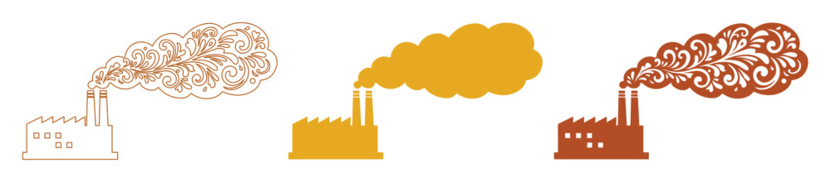 Iconos de f&aacute;brica con humo contaminante, siluetas industriales de plantas de energ&iacute;a, conjunto de 3 vectores de contaminaci&oacute;n ambiental
