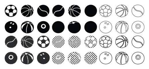 Fototapeta premium Colección de 36 iconos de pelotas de deporte en formato EPS, set de balones deportivos en estilo plano y lineal, elementos gráficos de equipamiento atlético