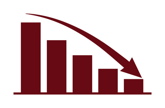 Gr&aacute;fico de barras descendente en color granate, flecha de tendencia negativa, concepto de crisis econ&oacute;mica y p&eacute;rdida financiera en formato EPS