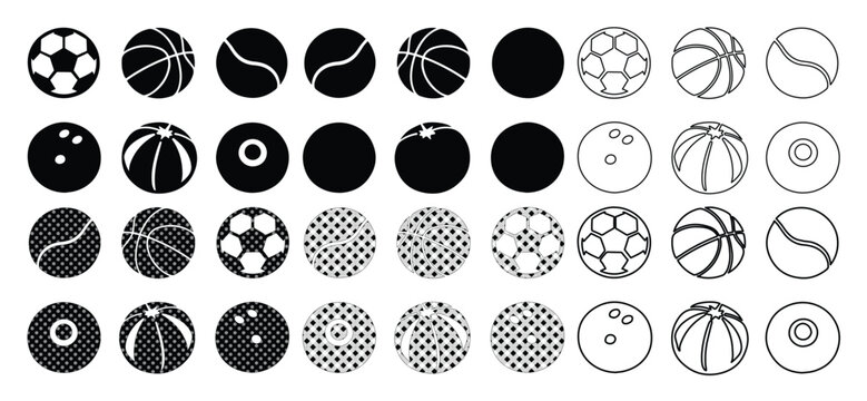 Colecci&oacute;n de 36 iconos de pelotas de deporte en formato EPS, set de balones deportivos en estilo plano y lineal, elementos gr&aacute;ficos de equipamiento atl&eacute;tico