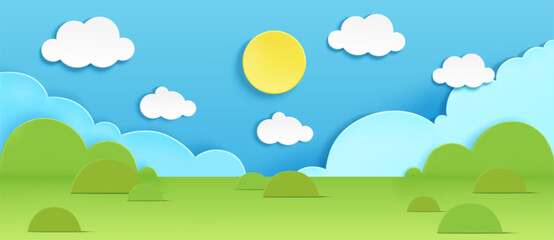 Fototapeta premium Spring paper landscape with cut green grass, bushes, sun and clouds in blue sky. Vector realistic illustration of papercraft scenery for holiday card design, beautiful summer nature, origami landscape