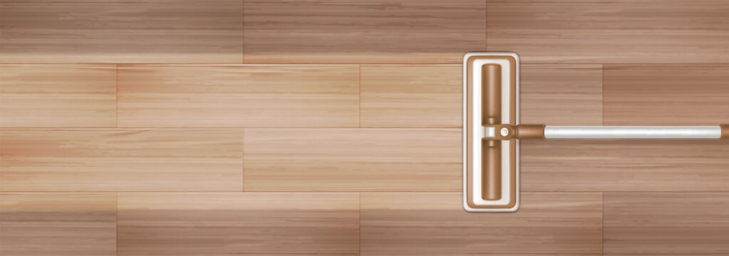 Realistic mop cleaning wooden floor surface with cleanliness effect, 3d vector background, top view. Illustration of house equipment for effective dust removal on wood parquet home flooring.