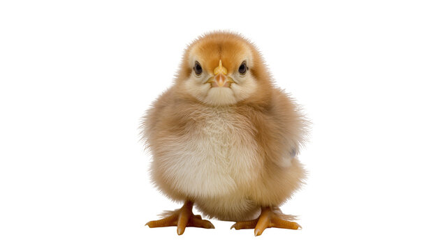 Fluffy brown chick with orange beak, isolated on transparent background