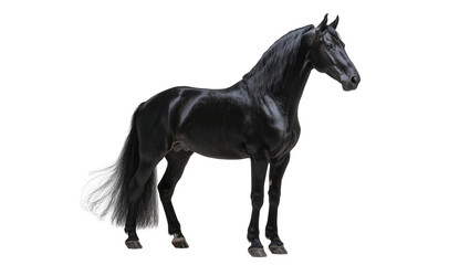 Fototapeta premium Majestic black Friesian horse with flowing mane and tail, isolated on transparent background