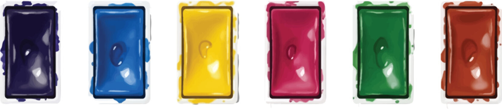 Vibrant set of rectangular watercolor or gouache paint pans featuring various artistic colors for creative projects and educational use isolated on a white background