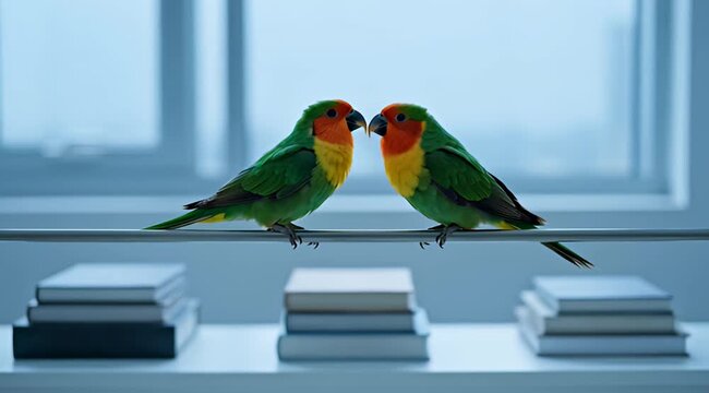 Sun conure parrots perched on wire, colorful tropical lovebirds in modern office interior, exotic birds sitting above stacks of books