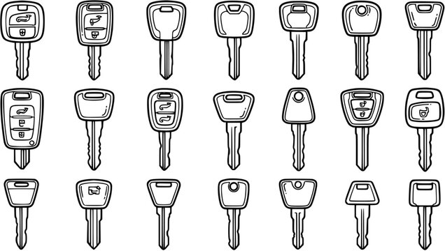 Automotive Car Keys Vector Line Art Set. Collection of Black  White Outline Vehicle Key Fobs, Traditional Auto Keys, and Transponder Car Remotes Illustration.