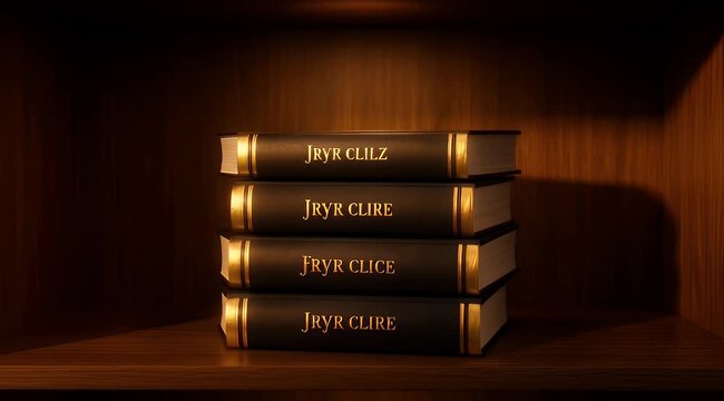 Vintage leather books with gold foil lettering, stack of four antique hardcover volumes on wooden shelf, classic library aesthetic