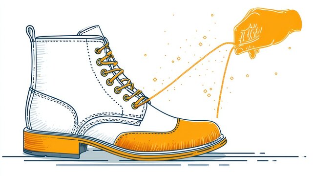 A drawing of a boot with hand stitching. The boot is white and orange