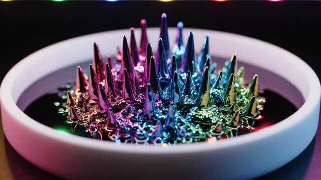 Mesmerizing metallic ferrofluid in a dish illuminated with vibrant colorful lights showcasing unique physics and fluid dynamics