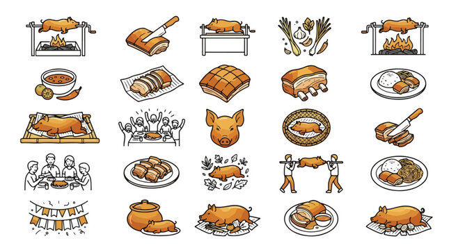 Lechon Roast Pig Icon Set in Line Style. A collection of linear icons representing Filipino food, including roasted pig, pork belly, spit roast, BBQ, feast, meat, garlic, and more. Vector.