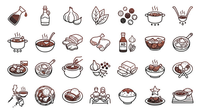 Filipino Adobo Food Icon Set in Line Style. A collection of linear icons representing adobo cooking, including chicken, pork, garlic, soy sauce, vinegar, rice, and more. Editable Stroke.
