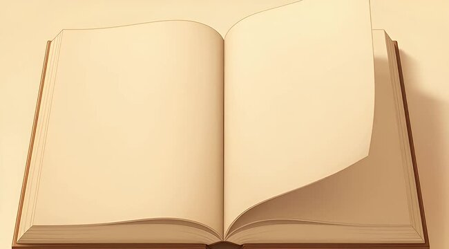 Vintage open book with turning pages, blank aged paper background, antique journal with flipping parchment sheets for storytelling