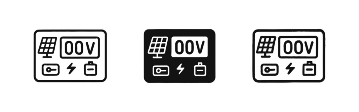 Solar power system controller icon set with panel, battery, and voltage display in outline, solid, and doodle styles.