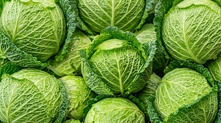 Fototapeta premium Vibrant macro photography of a large dense pile of freshly harvested organic green cabbages, showcasing the intricate crisp leaf textures.