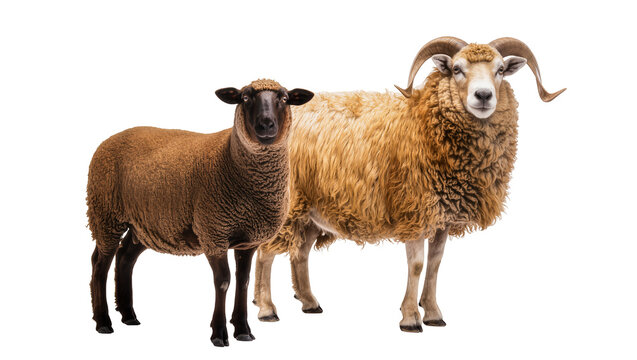 Two sheep one brown and one tan with large horns, isolated on transparent background