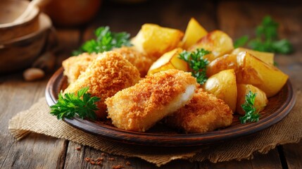 Fototapeta premium Fried fish fillet with roasted potato on plate. Crispy breaded cod served with golden vegetable for lunch. Traditional homemade meal on rustic wooden table background. Culinary cuisine.