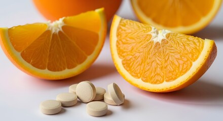 Fototapeta premium Sliced oranges with seeds on a white surface fresh fruit