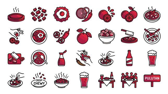 Filipino Pulutan Appetizers Icon Set in Red Gradient Style. A collection of food linear icons including sisig, beer, calamansi, chili, egg, snack, meat, lime, bar, and more. Vector Graphic.
