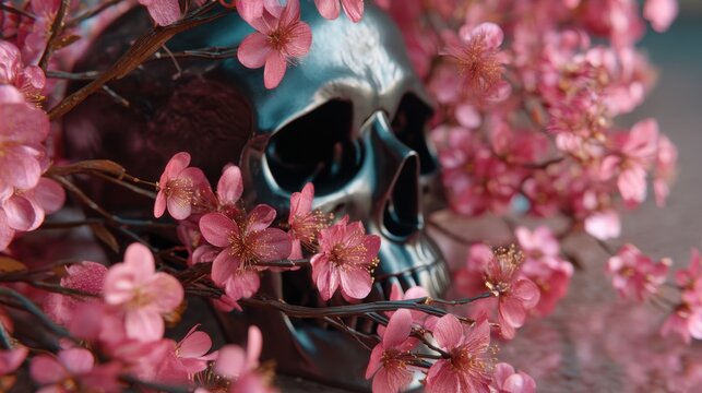 Human skull hidden among blooming cherry tree branches. Symbolic memento mori representation. Concept of life and death, nature rebirth, mortality and transience of human existence.